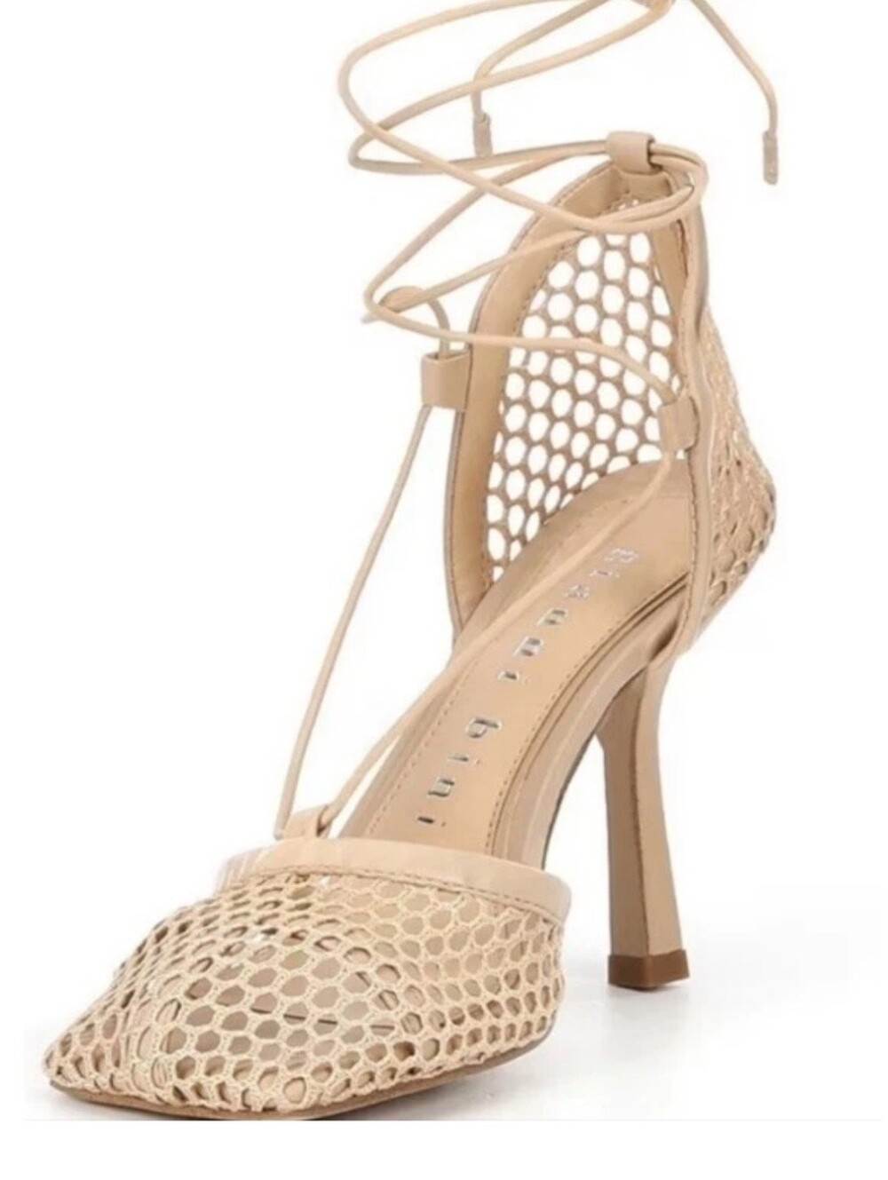 Gianni Bini Reagan Mesh Leather Ankle Wrap Square Toe Tan Pumps Sandals Size 8